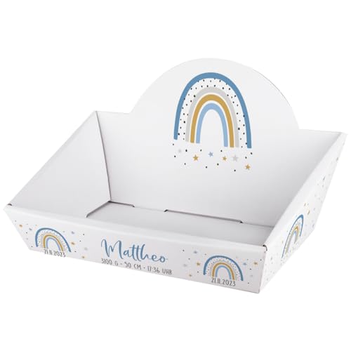 Striefchen® Personalisierter Präsentkorb zur Geburt als Babygeschenk zum selbst Befüllen (Regenbogen Blau, 42,5 cm x 24 cm x 28 cm (B/H/T)) von Striefchen