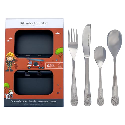Striefchen® Personalisiertes Kinderbesteck Set von Ritzenhoff & Breker – Edelstahl mit Gravur – Geschenk für Kinder – 4-teiliges Besteckset im Geschenkkarton – verschiedene Motive (Feuerwehr) von Striefchen