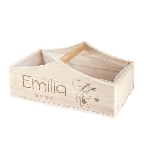 Striefchen® Pflanzkorb aus Holz als Geschenkbox zur Geburt - Motivauswahl - 2 Formen (1 Griff, Hase) von Striefchen