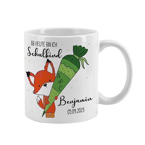 Striefchen® Tasse Geschenk Einschulung 2024 - Endlich Schulkind - mit Namensaufdruck Fuchs von Striefchen