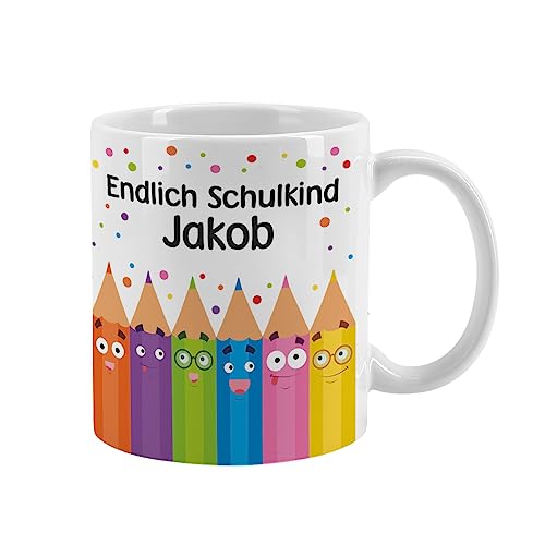 Striefchen® Tasse Geschenk Einschulung 2024 - Endlich Schulkind - mit Namensaufdruck Stifte von Striefchen