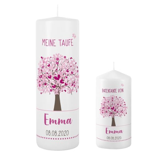 Striefchen® Taufkerze 250/80 mm mit Lebensbaum und Aufdruck des Namen und Datum sowie Taufspruch Set mit Patenkerze Rosa von Striefchen