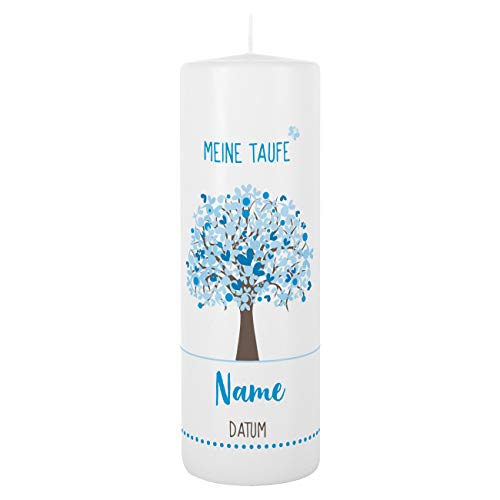 Striefchen® Taufkerze 250/80 mm mit Lebensbaum und Aufdruck des Namen und Datum sowie Taufspruch Weiß - Blau von Striefchen