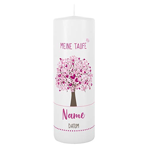 Striefchen® Taufkerze 250/80 mm mit Lebensbaum und Aufdruck des Namen und Datum sowie Taufspruch Weiß - Rosa von Striefchen