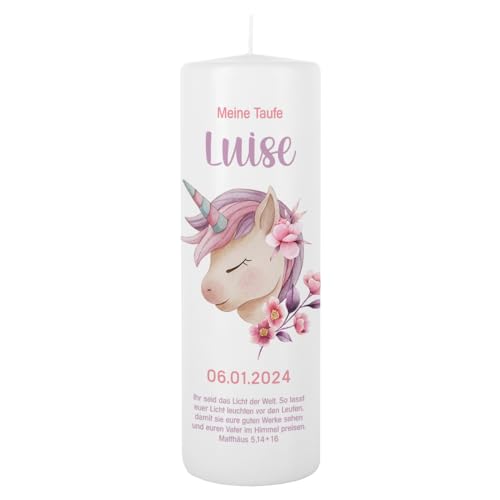 Striefchen® Taufkerze 250/80 mm mit Tiermotiven und Aufdruck des Namen und Datum sowie Taufspruch (Einhorn) von Striefchen