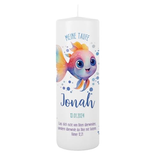 Striefchen® Taufkerze 250/80 mm mit Tiermotiven und Aufdruck des Namen und Datum sowie Taufspruch (Regenbogenfisch) von Striefchen