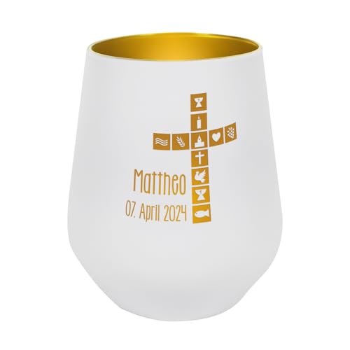 Striefchen® Teelichthalter zur Taufe/Kommunion/Konfirmation, personalisiert (Kreuz mit Symbolen) von Striefchen