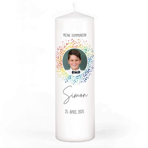 Striefchen® Wachskerze für Taufe, Kommunion und Co. in 4 Größen, Motivauswahl (Regenbogenkreis mit Foto, 25 cm (H)) von Striefchen