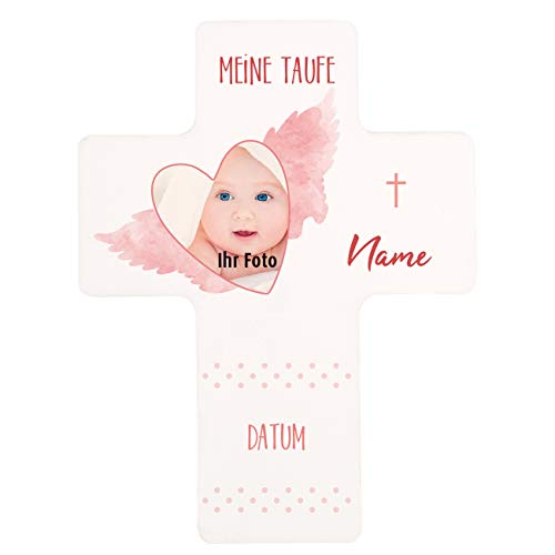 Striefchen® modernes Kinderkreuz zur Taufe mit dem Namen des Kindes und Datum Foto Mädchen von Striefchen