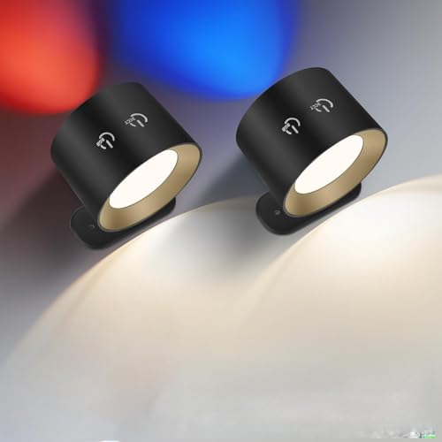 2er-Pack LED-Wandleuchten mit RGB-Farben, dimmbar, magnetische 360°-Drehwandleuchten, wiederaufladbare Wandleuchten mit Fernbedienung, ideal für Schlafzimmer, Wohnzimmer und Lesebereich(Black) von Strixorn