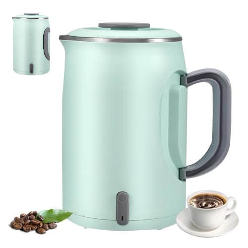 800ml Elektrischer Reisekessel, Klappbarer Griff niedrige Leistung tragbarer Mini Camping-Kessel Edelstahl, Automatische Abschaltung, für Wohnwagen, Wohnmobil, Büro (Grün) von Strixorn