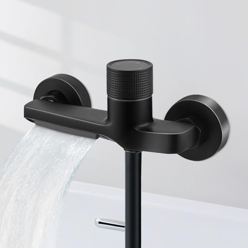 Brausethermostat, Brausebatterie Mit Sicherheitsknopf, Wannenarmatur Mit Wasserfall, 2 AbgäNge, Thermostat, Brausebatterie Mit Thermostat, Brausethermostat Aus Messing (Schwarz) von Strixorn