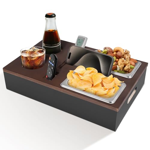 Couchbar Snackbox aus Bambus, Serviertablett Weinglashalter, Sofatablett mit 2 Edelstahl Snackschale Getränkehalter Flaschenhalter, TV-Tablett-Tisch, Couch-Becherhalter (01) von Strixorn