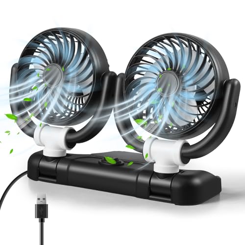 Doppelkopf 360° Drehbar Auto Ventilator,Doppelköpfiger Ventilator Auto mit 2 Speed,12V Doppelkopf Auto Ventilator für KFZ,Auto Lüfter Zigarettenanzünder,USB Auto Ventilator für LKW Van SUV RV,Leise von Strixorn