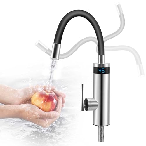 Elektrische Wasserhahn mit Durchlauferhitzer Küche, 3000W Elektrischer Wasserhähne mit Flexibler Auslauf und LCD Temperaturanzeige, 360º Drehung Silikonschlauchhahn, 304 Edelstahlgehäuse Wasserhahn von Strixorn