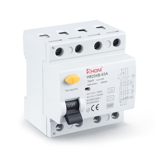 FI Schutzschalter Typ B, FI Schutzschalter 63A 30mA 4-polig + DC 6mA, Vollstrom-Intensiv-Fehlerstromschutz, für Wallboxen/Ladestationen und Leitungsschutzschalter DIN Schie (A) von Strixorn