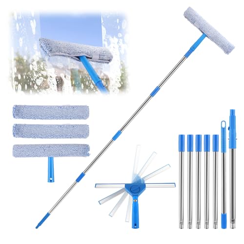 Fensterreiniger mit Teleskopstiel, 2 in 1 Fensterwischer Fensterabzieher mit Langem Griff 300cm, Profi Fensterputzer Set mit Drehbarem Kop und Ersatzpads für Hohe Fenster im Outdoor und Zuhause von Strixorn
