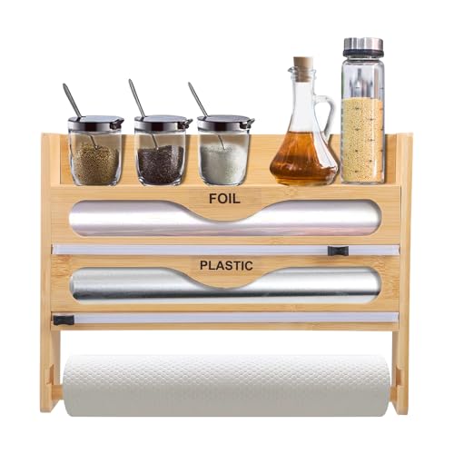 Folienschneider Frischhaltefolienspender, 4-in-1 Alufolienspender aus Holz mit Schneider Küchenrollenhalter Wandrollenhalter Folien-Organizer für 3 Rollen, mit Papierhandtuchhalter und Gewürzregal von Strixorn