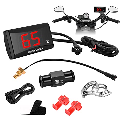 Motorrad Digital Thermometer Instrumente Wassertemperatur Temperatur Digitalanzeige Meter Gauge Sensor Adapter, Wasserdichtem Metallfühler Temperatursensor Sensoradapter Für KOSO 18/22mm(18MM-RED) von Strixorn