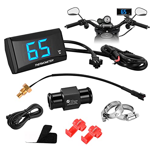 Motorrad Digital Thermometer Instrumente Wassertemperatur Temperatur Digitalanzeige Meter Gauge Sensor Adapter, Wasserdichtem Metallfühler Temperatursensor Sensoradapter Für KOSO 18/22mm(22MM-BLUE) von Strixorn