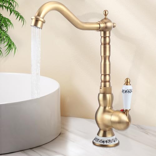 Retro Design Mischbatterie Bad,Wasserhahn Bad Antik,Wasserhahn Bad Hoch Antikes Messing,WasserhahnGäste wc,Retro Waschtischarmatur360°Drehbarer,Einhebel Mischbatterie Gold Waschbecken,Kaltes/Heißes von Strixorn