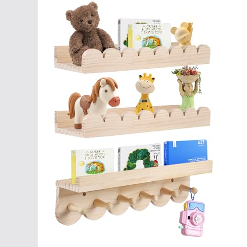 Strixorn Wandregal Kinderzimmer 3er-Set aus Massivholz - Bücherregal mit 3 Haken für Bücher & Spielzeug - Montessori Regal Weiß 40cm - Schwebregal mit Rundungen für Jungen & Mädchen von Strixorn