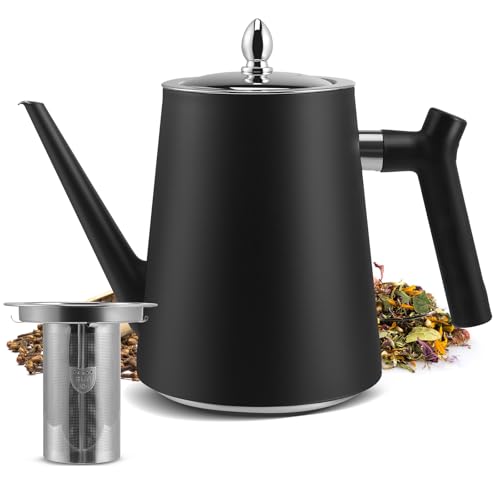 Teekanne Edelstahl mit Siebeinsatz, 1.5L Schwarzer Teekanne mit Hitzebeständigem Griff für Obstkräuter und Infusionstee, Doppelwandig isolierte Edelstahl teekanne Für Tee Kaffee von Strixorn