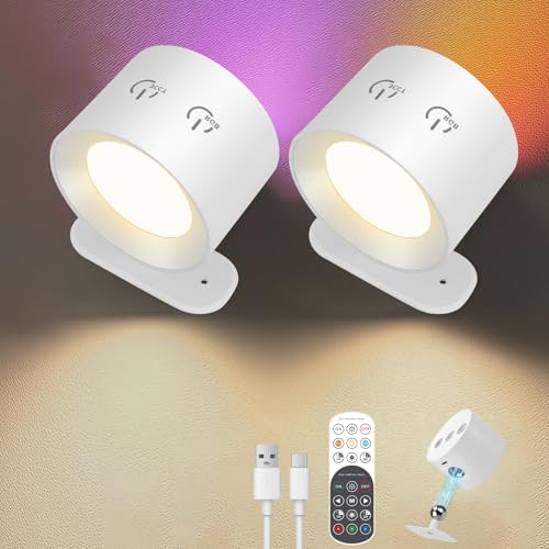 Wandleuchte Innen Akku 2er Set- 6500K Dimmbar LED Wandleuchte Innen mit Fernbedienung & Timer,360° Rotierbare Magnetische Wandbeleuchtung mit 15 RGB Farbwechsel,Nachttischlampe ohne Stromanschluss von Strixorn