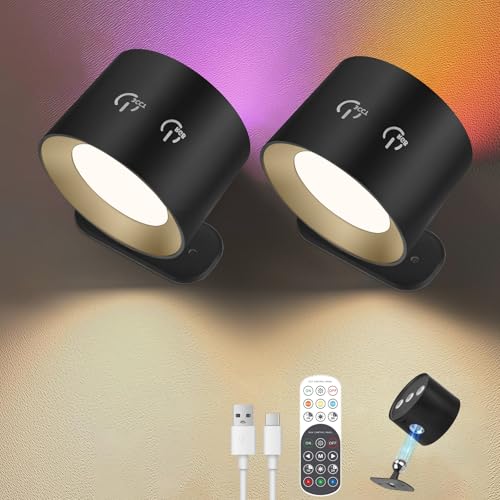 Wandleuchte Innen Akku 2er Set- 6500K Dimmbar LED Wandleuchte Innen mit Fernbedienung & Timer,360° Rotierbare Magnetische Wandbeleuchtung mit 15 RGB Farbwechsel,Nachttischlampe ohne Stromanschluss von Strixorn