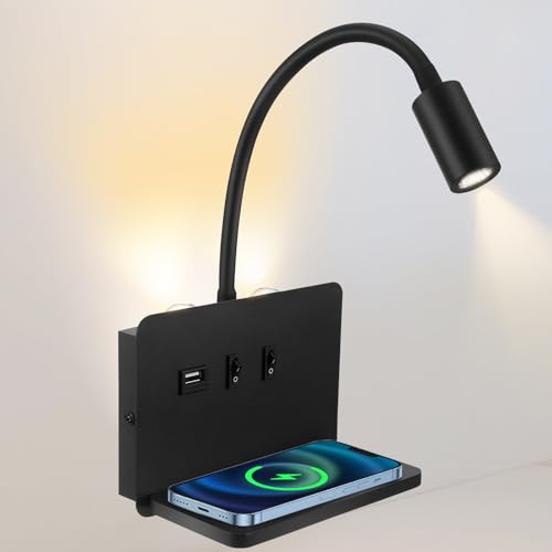 Wandleuchte mit Schwanenhals und kabelloser Ladefunktion, LED-Leseleuchte mit 2-unabhängigen Schaltern, USB-C 5V/2A, verwendet in Schlafzimmern, Fluren und Home Offices von Strixorn