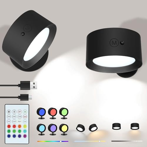 Wandleuchten-Set mit 2 Stück, batteriebetriebene wiederaufladbare LED-Wandleuchte mit RGB-Fernbedienung und Touch-Steuerung, kabellose magnetische Lesewandleuchte für Schlafzimmer, Bett, Wohnzimmer von Strixorn