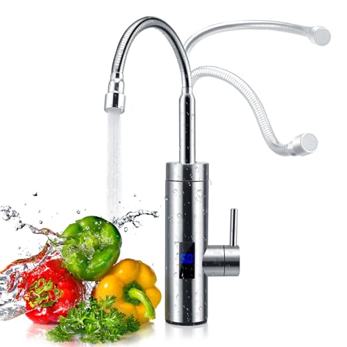 Wasserhahn mit Durchlauferhitzer, 360° Wasserhahn, 3000 W Durchlauferhitzer, Edelstahl-Wasserhahn mit LCD-Temperaturanzeige für Küche, Garten und Wohnwagen (A) von Strixorn