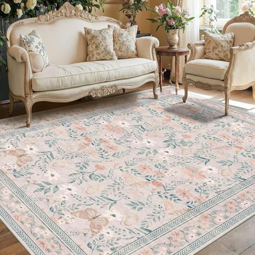 Strloepr Waschbar Teppich Wohnzimmer Sessel Stühle Schlafzimmer Arbeitszimmer Carpet,Mehrfarbig, Blaugrün, modernes Blumenmuster, Creme, Korallenrot, 150 x 200 cm von Strloepr