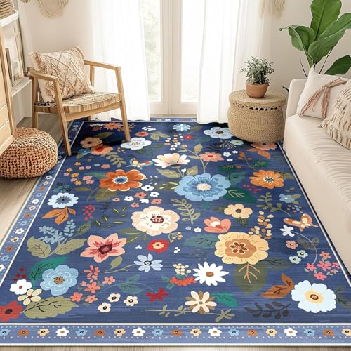 Strloepr Waschbar Teppich Wohnzimmer Sessel Stühle Schlafzimmer Arbeitszimmer Carpet,Mehrfarbige, Moderne Wohndekoration für Teenager-Mädchen, Blumenmuster, Blau, 160 x 200 cm von Strloepr