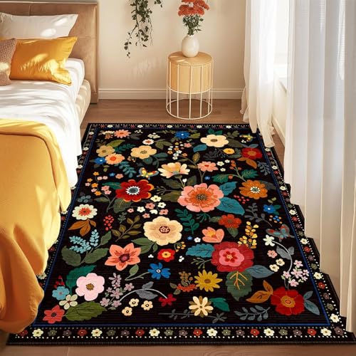 Strloepr Waschbar Teppich Wohnzimmer Sessel Stühle Schlafzimmer Arbeitszimmer Carpet,Mehrfarbiges rotes modernes Wohndekor für Teenager-Mädchen mit Blumenmuster, Schwarz, 155 x 245 cm von Strloepr