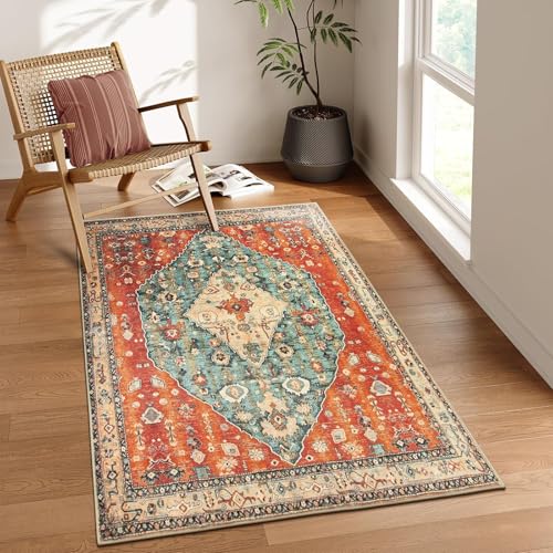 Strloepr Waschbar Teppich Wohnzimmer Sessel Stühle Schlafzimmer Arbeitszimmer Carpet,Rostblaugrün, Mehrfarbig, Vintage-Blumenmuster, Orange, 150 x 200 cm von Strloepr