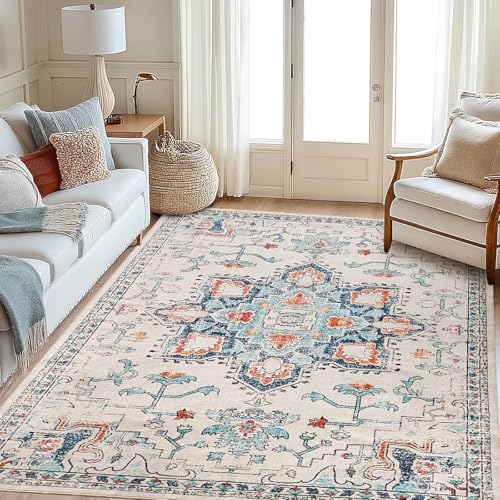 Strloepr Waschbar Teppich Wohnzimmer Sessel Stühle Schlafzimmer Arbeitszimmer Carpet,Vintage-Blumenmuster im Used-Look, modernes Bauernhaus-Dekor, Blau, 155 x 245 cm Strloepr Waschbar Teppich Wohnzimmer Sessel Stühle Schlafzimmer Arbeitszimmer Carpet,Vintage-Blumenmuster im Used-Look, modernes Bauernhaus-Dekor, Blau, 155 x 245 cm von Strloepr