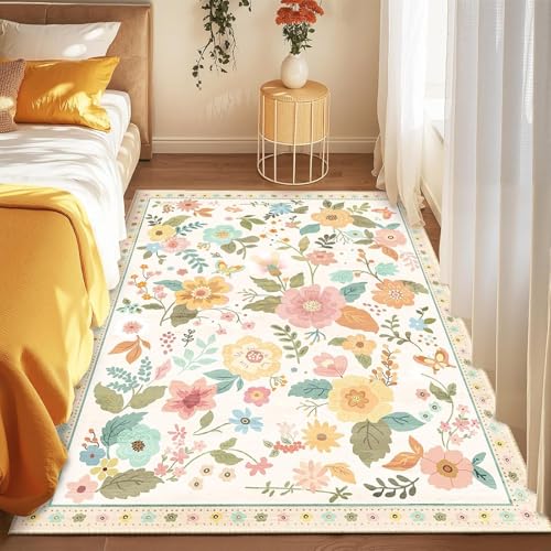 Strloepr Waschbar Teppich Wohnzimmer Sessel Stühle Schlafzimmer Deko Aesthetic Nachttisch,Blumen Beige Weiß Orange Teenager Mädchen Rot Blau, Bunt, 155 x 215 cm von Strloepr