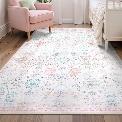 Strloepr Waschbar Teppich Wohnzimmer Sessel Stühle Schlafzimmer Deko Aesthetic Nachttisch,Mehrfarbiges orientalisches Blumenmuster für Teenager-Mädchen, Heimdekoration, Weiß, 155 x 215 cm von Strloepr