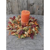 Herbstkranz, Herbstgesteck Mit Kerze, Herbstliches Arrangemente, Kranz, Trockenblumenkranz, Blumenkranz von Stroblume
