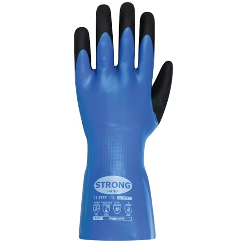 StrongHand schnittfeste Chemikalienschutzhandschuhe, doppelt beschichtet, Schnittfestigkeit Level F (!), 30 cm lang, Blau-Schwarz, Größe 8 bis 12 (1, 8/M) von Strong Hand