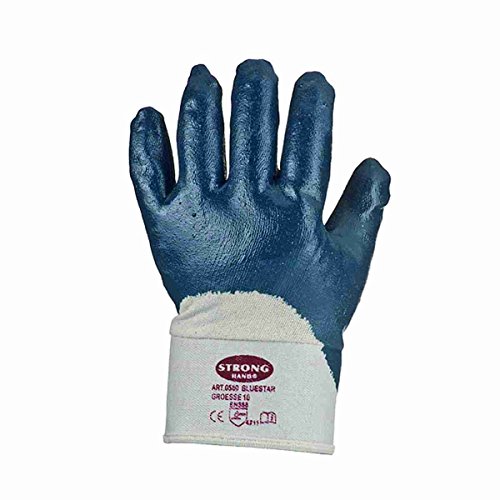 12 Paar Nitril beschichtete Handschuhe Stronghand *Bluestar* Natur/blau (teilbeschichtet) von Stronghand