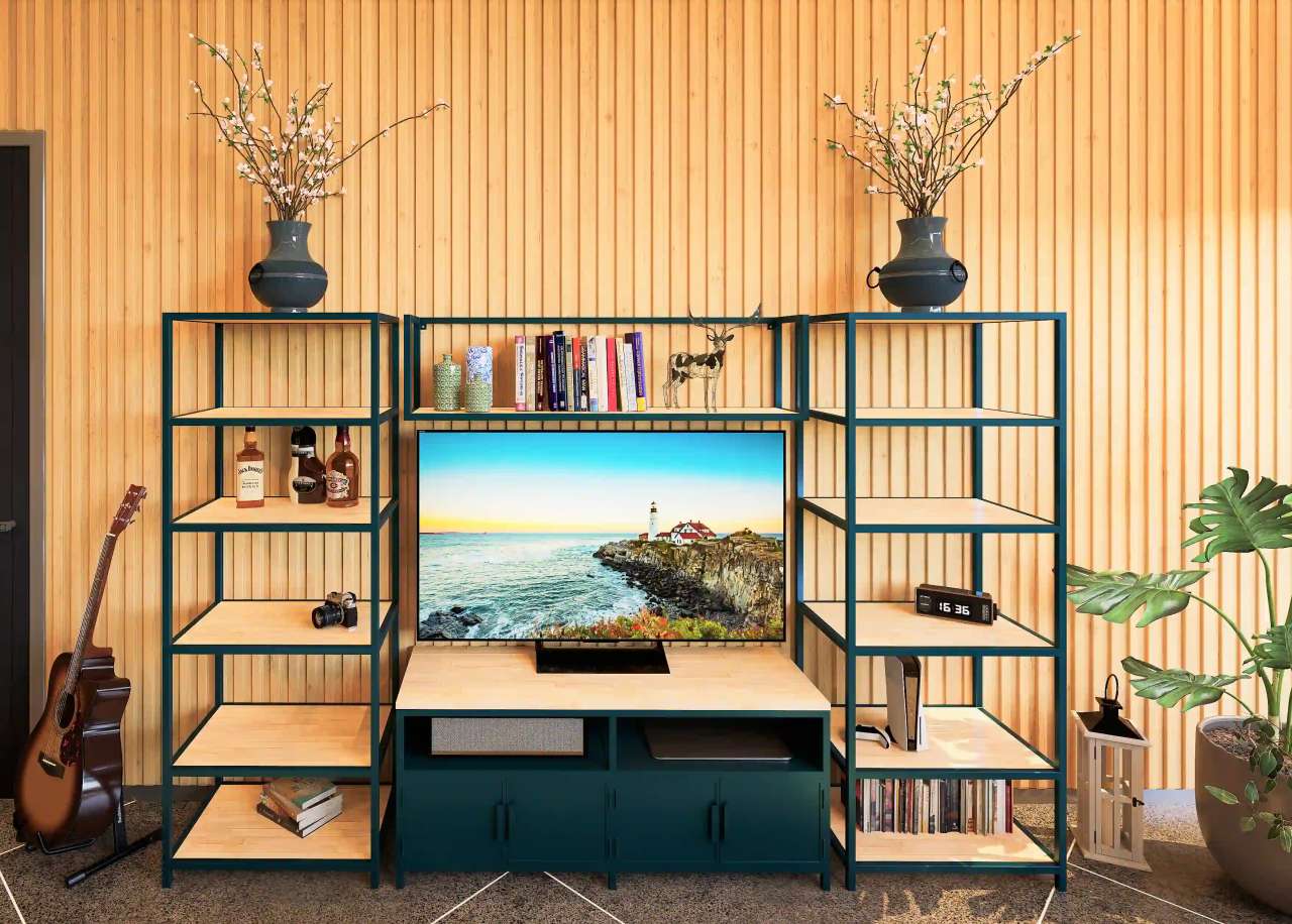 GRID FRAME - TV Wohnwand mit Eichenholz-Regalböden von Strongroom
