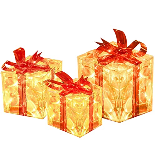 Stronrive Geschenkboxen mit Weihnachtsbeleuchtung,3-teiliges LED-Leuchten, zusammenklappbares Dekor für drinnen und draußen mit 2 Lichtmodi - Geschenkboxen mit roten Schleifen für Weihnachtsbaum, Hof von Stronrive