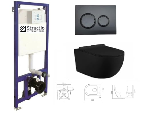 Vorwandelement Unterputz WC Spülrandlos Unterputzspülkasten Spülkästen Wand WC SET WC Sitz Soft Close Vorwandspülkasten Montageelement Hängewand Element+Drückerplatte (Drückerplatte 10 Black+WC1034) von Structio International