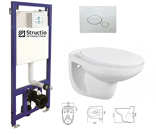 WC Komplettset Spülrandlos Sitz Soft Close Vorwandelement Unterputz Spülkasten Vorwandspülkasten Keramik Unterputzspülkasten Wand WC Set Schüssel + Drückerplatte (Betätigungsplatte 2) von Structio International