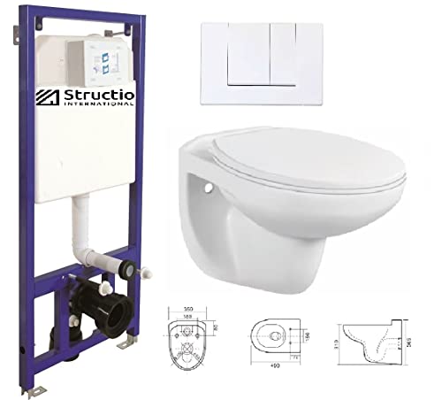 WC Komplettset Spülrandlos Sitz Soft Close Vorwandelement Unterputz Spülkasten Vorwandspülkasten Keramik Unterputzspülkasten Wand WC Set Schüssel + Drückerplatte (Betätigungsplatte 3) von Structio International