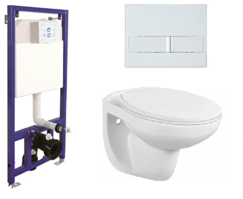 WC Komplettset Spülrandlos Sitz Soft Close Vorwandelement Unterputz Spülkasten Vorwandspülkasten Keramik Unterputzspülkasten Wand WC Set Schüssel + Drückerplatte (Betätigungsplatte 9) von Structio International