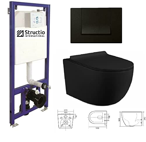 WC Komplettset Spülrandlos Sitz Soft Close Vorwandelement Unterputz Spülkasten Vorwandspülkasten Keramik Unterputzspülkasten Wand WC Set Schüssel weiß/schwarz + Drückerplatte (SD 11, schwarz) von Structio International