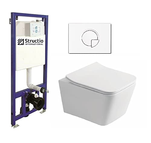 WC Komplettset Spülrandlos Sitz Soft Close Vorwandelement Unterputz Spülkasten Vorwandspülkasten Keramik Unterputzspülkasten Wand WC Set Schüssel weiß/schwarz + Drückerplatte (SD 1, weiß eckig) von Structio International